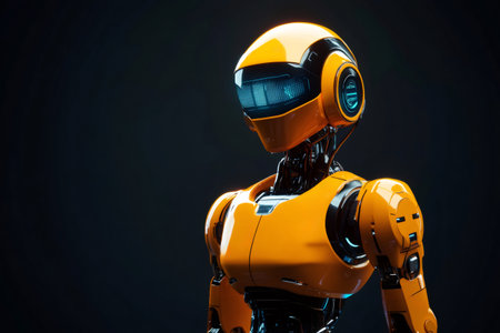 Orange humanoid robot featuring advanced AI and cybernetic design. Representing innovation, future technology, and automation on a dark backgroundの素材