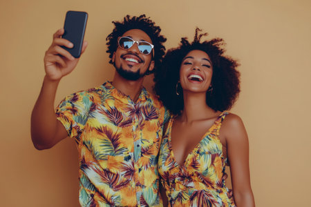 Smiling man and woman enjoying summer holiday, wearing tropical outfits and taking a cheerful selfieの素材