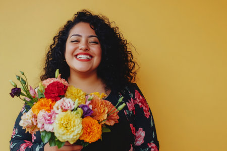 Happy woman with dark curly hair celebrating, eyes closed in delight, holding a vibrant flower arrangement against a yellow backgroundの素材