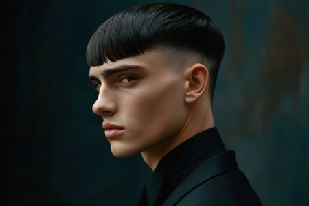 Young man posing, showing a stylish haircut with a clean fade. His gaze is engaging, conveying confidence and modern fashionの素材