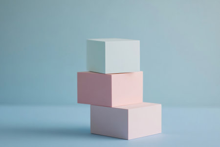 Displaying three blank pastel colored geometric blocks stacked against a clean light blue background, creating a minimalist compositionの素材