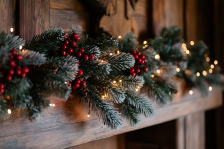 Festive Christmas garland featuring frosted pine branches, red berries, and twinkling lights elegantly adorning a rustic wooden mantelの素材