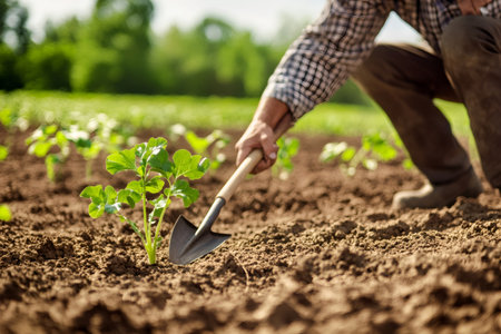 Man planting green seedling with shovel in cultivated soil, representing growth, agriculture, and new beginningsの素材