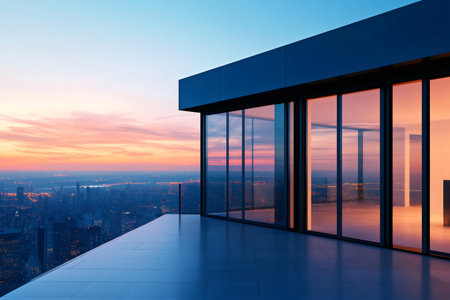 Modern high rise balcony with glass walls overlooking a vibrant city skyline, glowing with sunset reflections and urban lightsの素材
