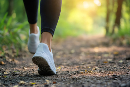 Person's legs and white sneakers taking a step on a sunlit walking trail, symbolizing health, fitness, and outdoor activityの素材