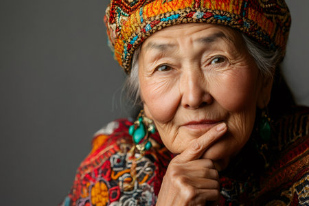 Senior indigenous woman contemplating with finger on chin, dressed in traditional patterned clothing and vibrant earringsの素材
