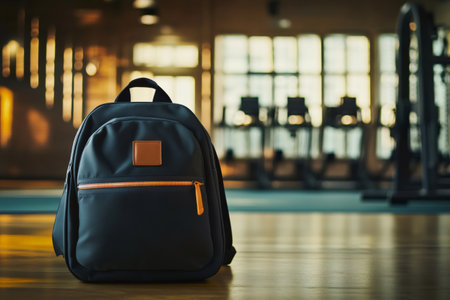 Stylish backpack stands on a shiny wooden gym floor with blurred fitness equipment in background, symbolizing an active lifestyleの素材