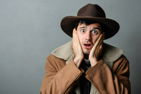 Man in a hat and coat dramatically expressing shock and surprise, hands on his face with an open mouthの素材