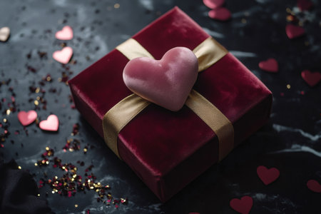 Dark red velvet gift box tied with a gold ribbon, decorated with a pink velvet heart and confetti on marbleの素材