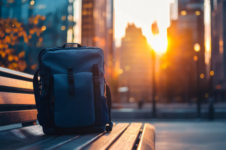 Sleek backpack sitting on a wooden bench in an urban setting, illuminated by the warm light of a golden hour sunsetの素材