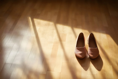 Beige dance shoes resting on a hardwood floor, bathed in warm sunlight entering through a window, casting long shadowsの素材