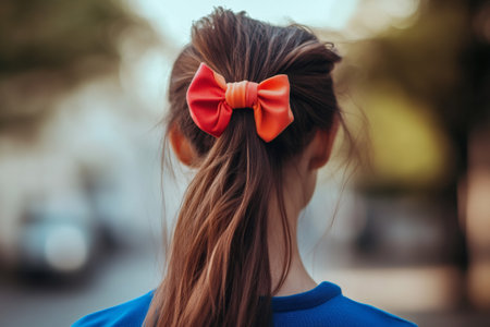 Ponytail on a young person's head, tied with a vibrant orange and red scrunchie. Hair accessory for childrenの素材