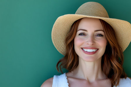 Young adult woman smiling widely, wearing a straw hat on a green background. Expressing joy, health, and well beingの素材