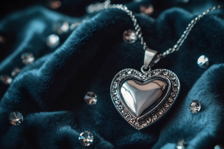 Heart locket necklace featuring sparkling rhinestones, resting intimately on a luxurious dark teal fur fabric, surrounded by scattered gemsの素材