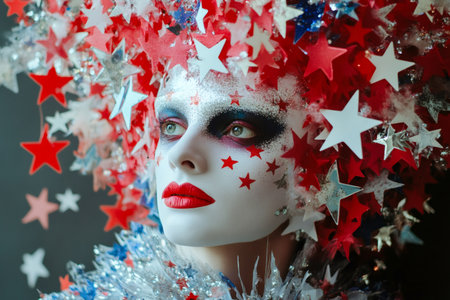 Person wearing elaborate red, white, and blue star headdress with sparkling glitter makeup symbolizing national pride and celebrationの素材