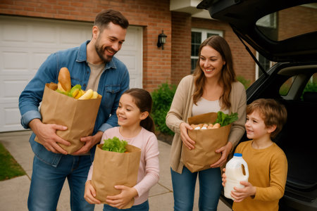 Family members smiling while carrying grocery bags filled with fresh food items from the car trunk to their suburban homeの素材