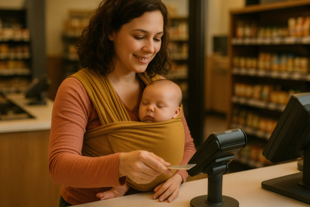 Smiling woman carrying sleeping baby in a wrap, sliding a credit card into a payment terminal at a store checkoutの素材