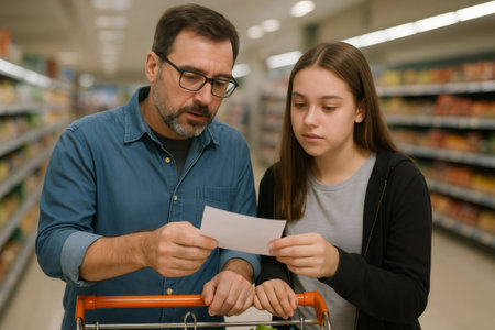 Father and daughter carefully reading a shopping list, making selections, and pushing a cart in a supermarket aisleの素材