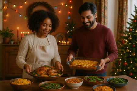 Diverse couple smiling, placing a roasted turkey and casserole dish onto a table filled with various festive side dishesの素材