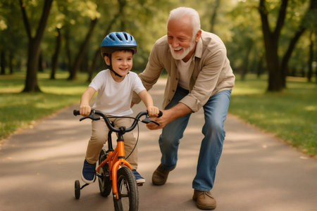 Happy grandfather helping young boy learning to ride a bike with training wheels on a sunny day in the parkの素材