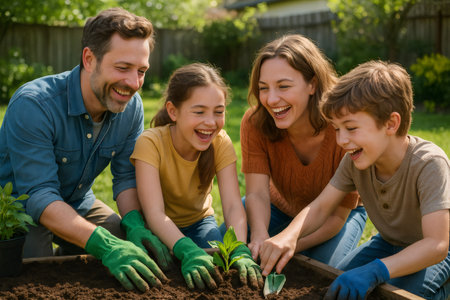 Happy family bonding, planting a small green plant in a raised garden bed. Enjoying gardening activity together outdoorsの素材