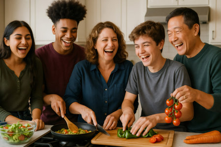 Diverse family members laughing, preparing a healthy meal with fresh vegetables in a modern kitchen, creating happy memoriesの素材