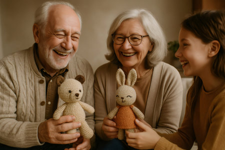 Three generations of family sharing laughter and handmade toys, symbolizing care, love, and joy within the homeの素材