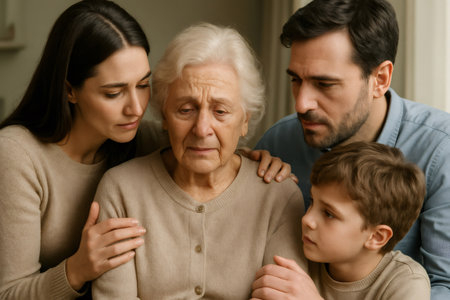 Family members offering emotional support to an upset elderly woman. They are providing comfort and care during a difficult momentの素材
