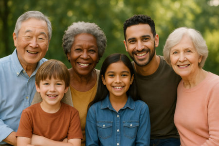 Happy people of different ages and ethnicities smiling, showing family bonds and unity in a natural outdoor settingの素材