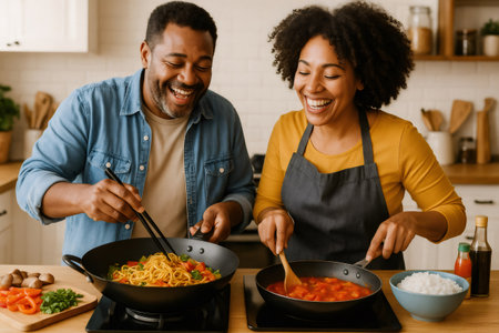 Joyful black couple preparing dinner in a modern kitchen. Man stirring noodles, woman stirring sauce, both laughingの素材
