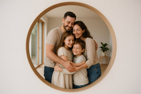 Smiling family of four embracing in a loving hug, reflecting happiness and togetherness in their modern homeの素材