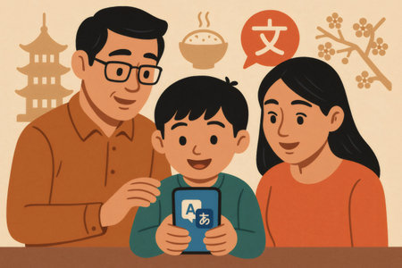 Family engaging with a digital cultural learning app, with father, mother, and son exploring Japanese language and traditionの素材