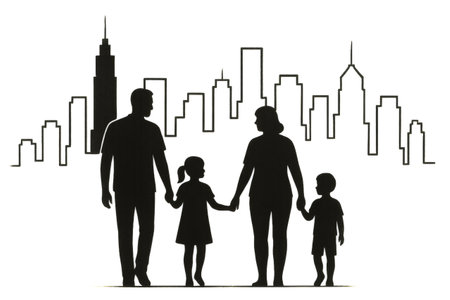 Family unit of parents and children holding hands, walking in a city setting, representing urban living and togethernessの素材