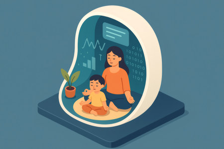 Mother and child meditating in an advanced pod, screens displaying data and binary code, representing technology for well being and mindful livingの素材