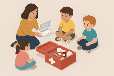 Woman showing medical supplies from an open first aid kit to three young children, illustrating health education and safetyの素材