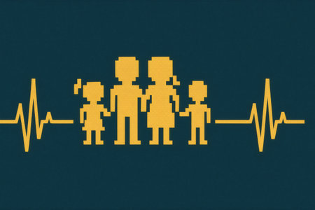 Family unit, including parents and children, standing on an electrocardiogram line, symbolizing life, health, and connectionの素材