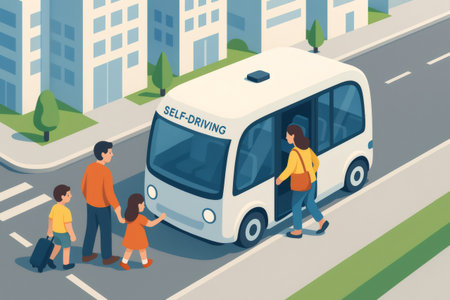 Family taking an autonomous vehicle on city street, embracing futuristic public transport and smart mobility solutions for daily travelの素材