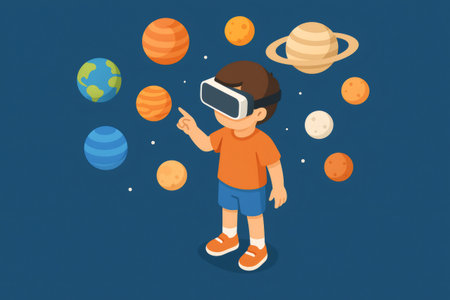 Young boy wearing a virtual reality headset interacting with planets floating in space, representing education and technologyの素材