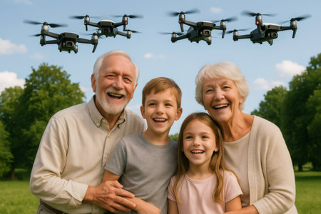 Happy multigenerational family enjoying spending valuable time together in a park, smiling while modern drones fly above themの素材