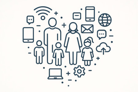 Family unit surrounded by various digital icons like smartphones, laptops, and internet symbols, forming a heart shapeの素材