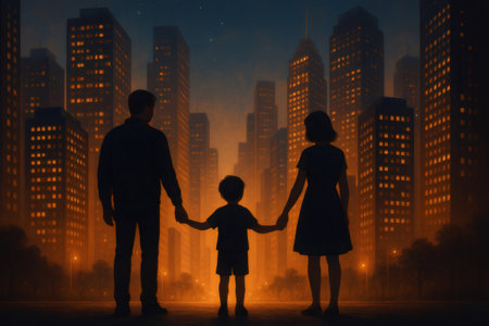 Family silhouette, a couple and child, holding hands while standing, looking at a city skyline with illuminated skyscrapersの素材