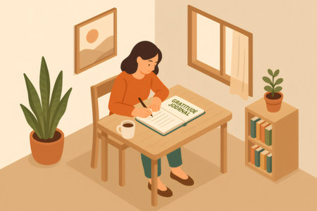 Woman writing entries in her gratitude journal at a table. Practicing gratitude for mental wellness and inner peaceの素材