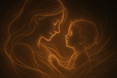 Mother and child facing each other, their silhouettes composed of glowing and flowing lines, symbolizing an unbreakable bond and loveの素材