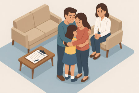 Family embracing after a counseling session, illustrating problem solving, emotional support, and mental health support with a therapistの素材