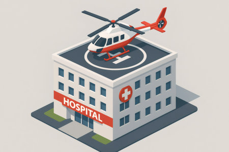 Helicopter resting on a city hospital building helipad, symbolizing urgent emergency services and modern healthcare infrastructureの素材