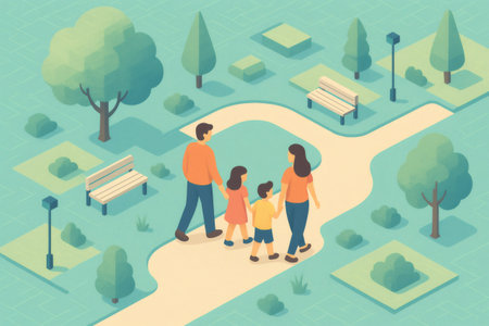 Family with two children enjoying a walk hand in hand through an isometric park with trees, benches, and a pathの素材