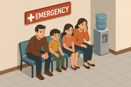 Family members, including parents and children, are sitting worriedly in a hospital emergency waiting room, facing a medical crisisの素材