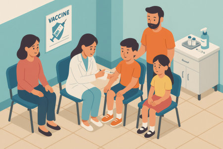 Family members in clinic getting vaccinated. Doctor administering vaccine to a young boy, promoting child immunization and healthの素材