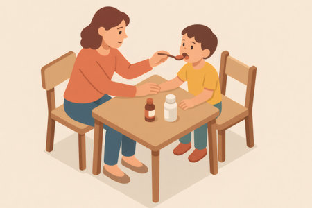 Mother giving spoonful of liquid medicine to sick young boy, parental care and pediatric treatment for recovery and wellnessの素材