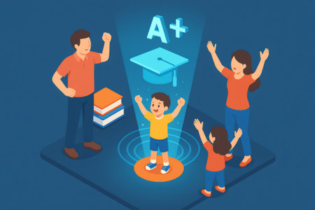 Family celebrating boy's academic success with an A plus grade, graduation cap, and books, highlighting educational achievementの素材